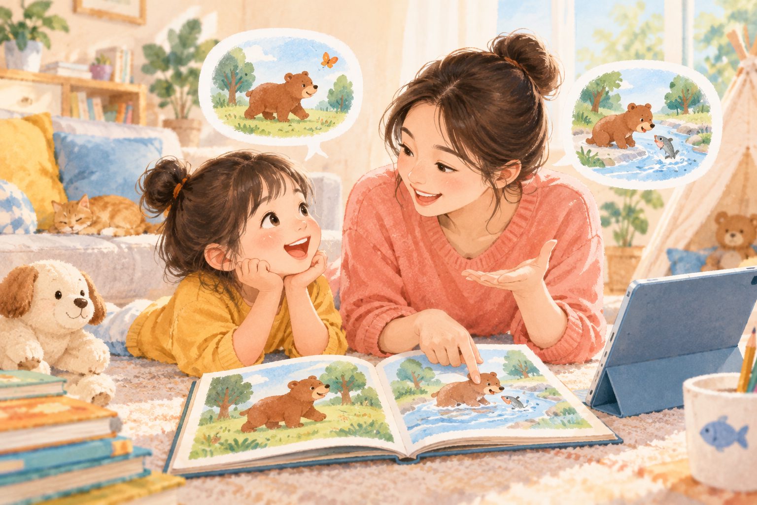 家长根据绘本图片引导孩子进行英语复述