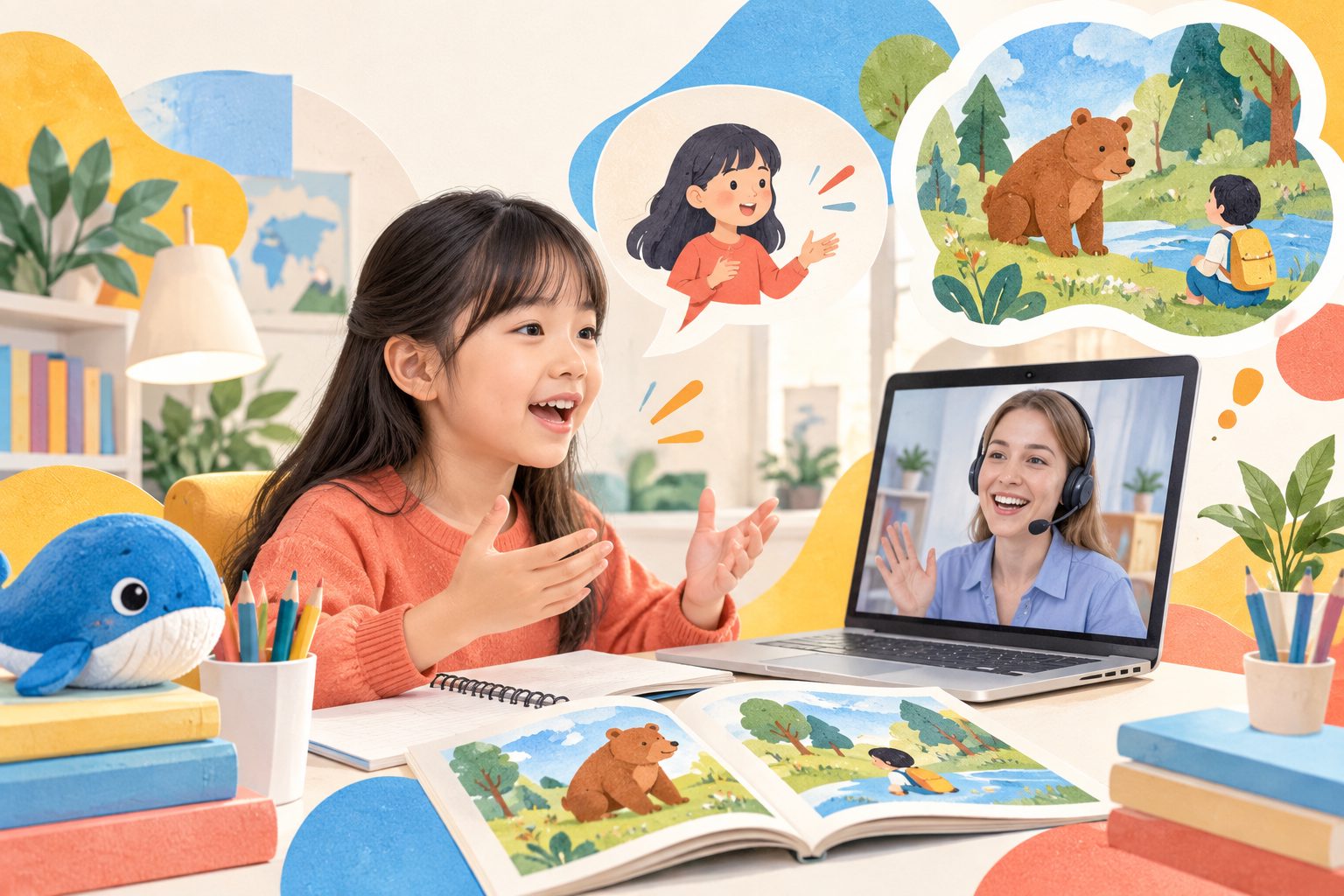 孩子进行PET口语表达和绘本复述练习