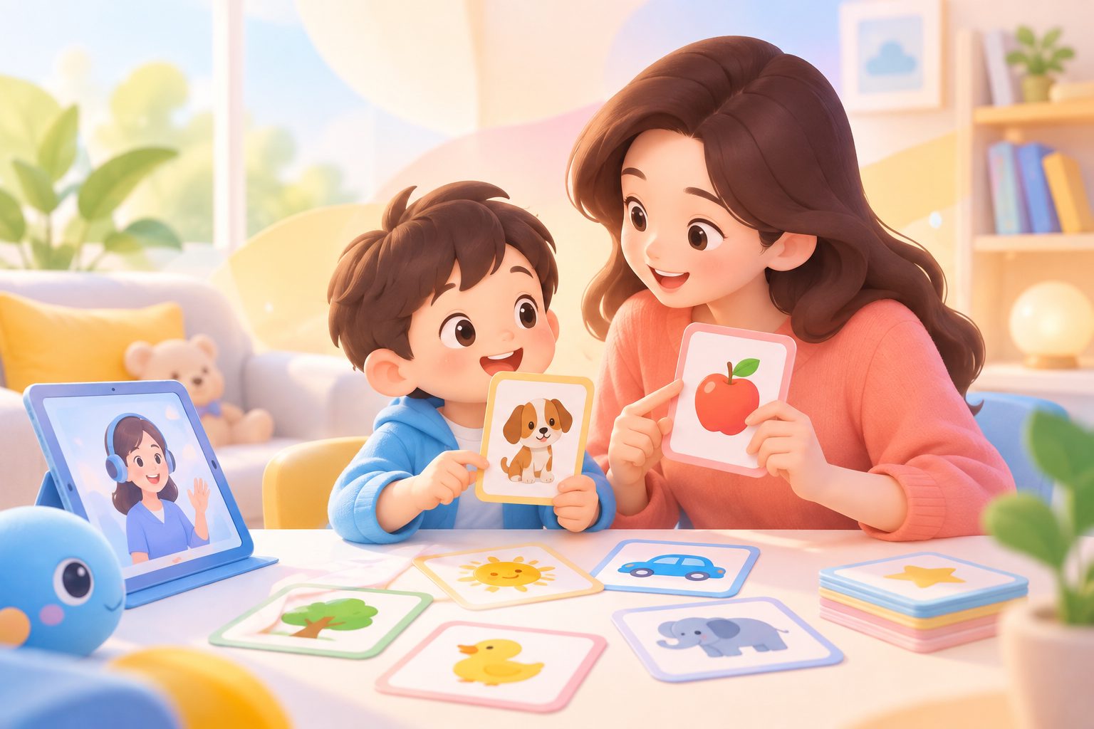 家长和孩子体验亲子英语启蒙卡片游戏玩法