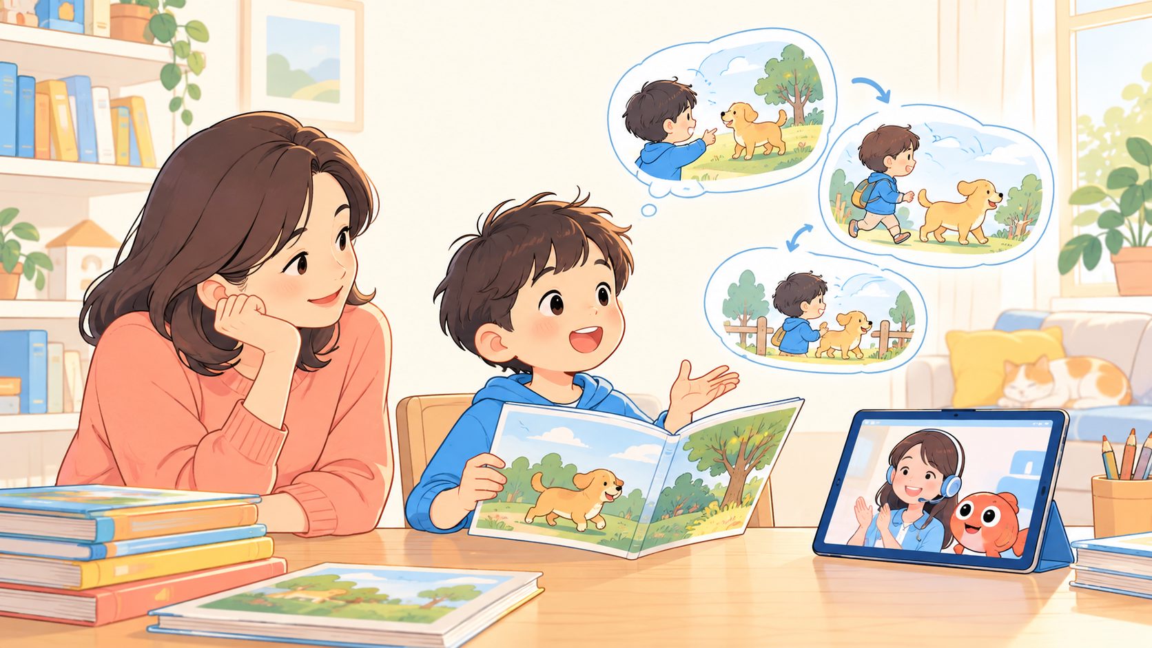 孩子独立阅读英文分级绘本并完成复述的家庭场景
