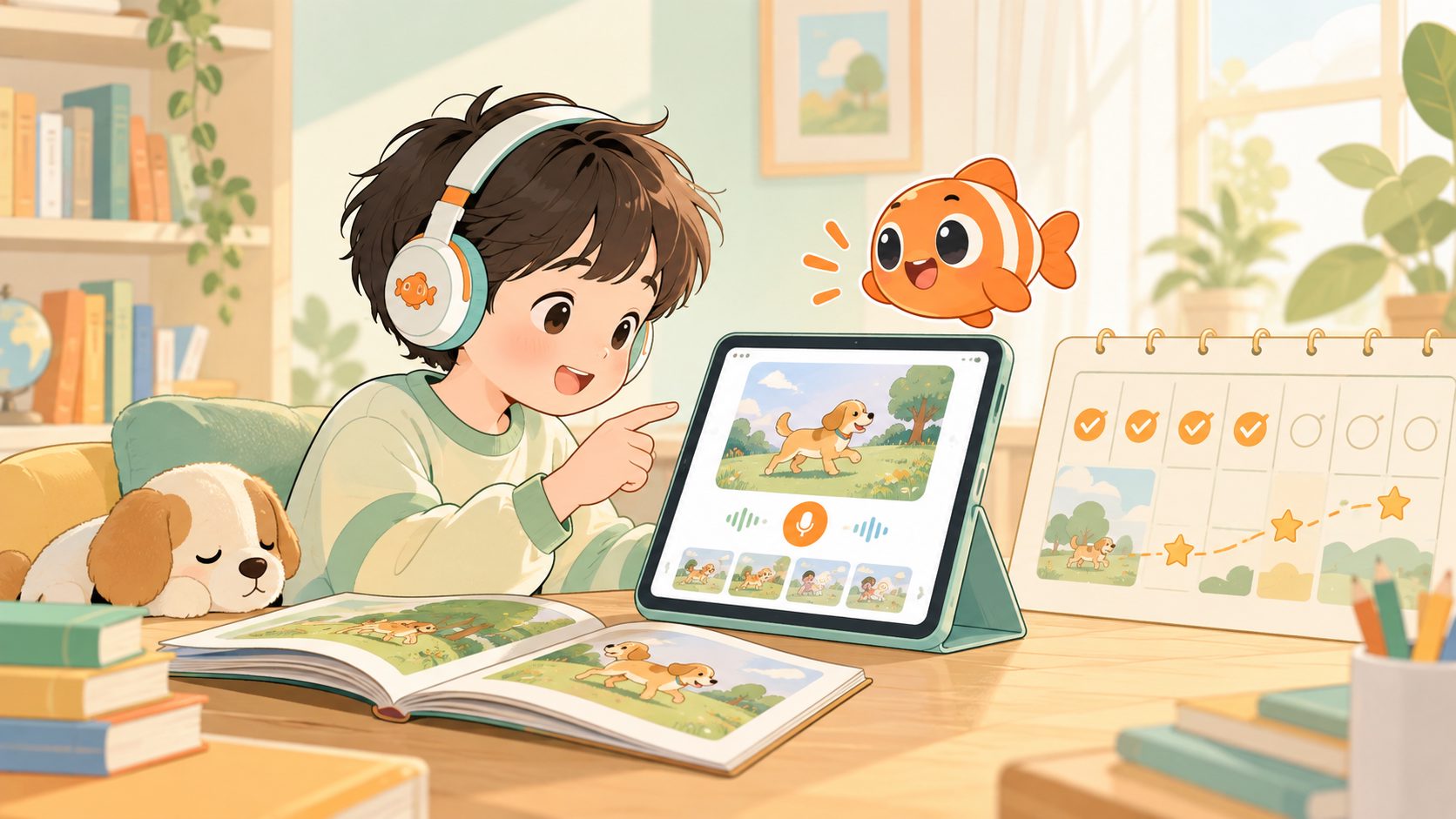 孩子使用伴鱼绘本App完成听读跟读和阅读打卡