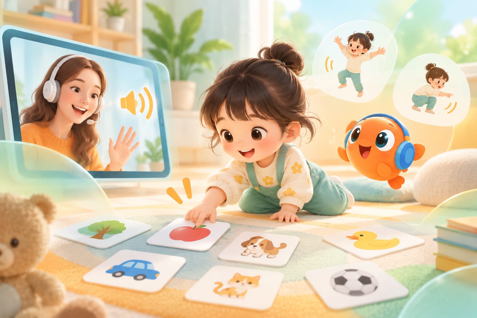 幼儿英语闪卡游戏中的听音拍卡与动作指令示意