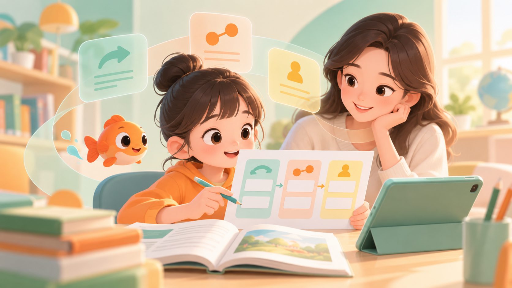 孩子使用句间逻辑关系表进行PET阅读练习