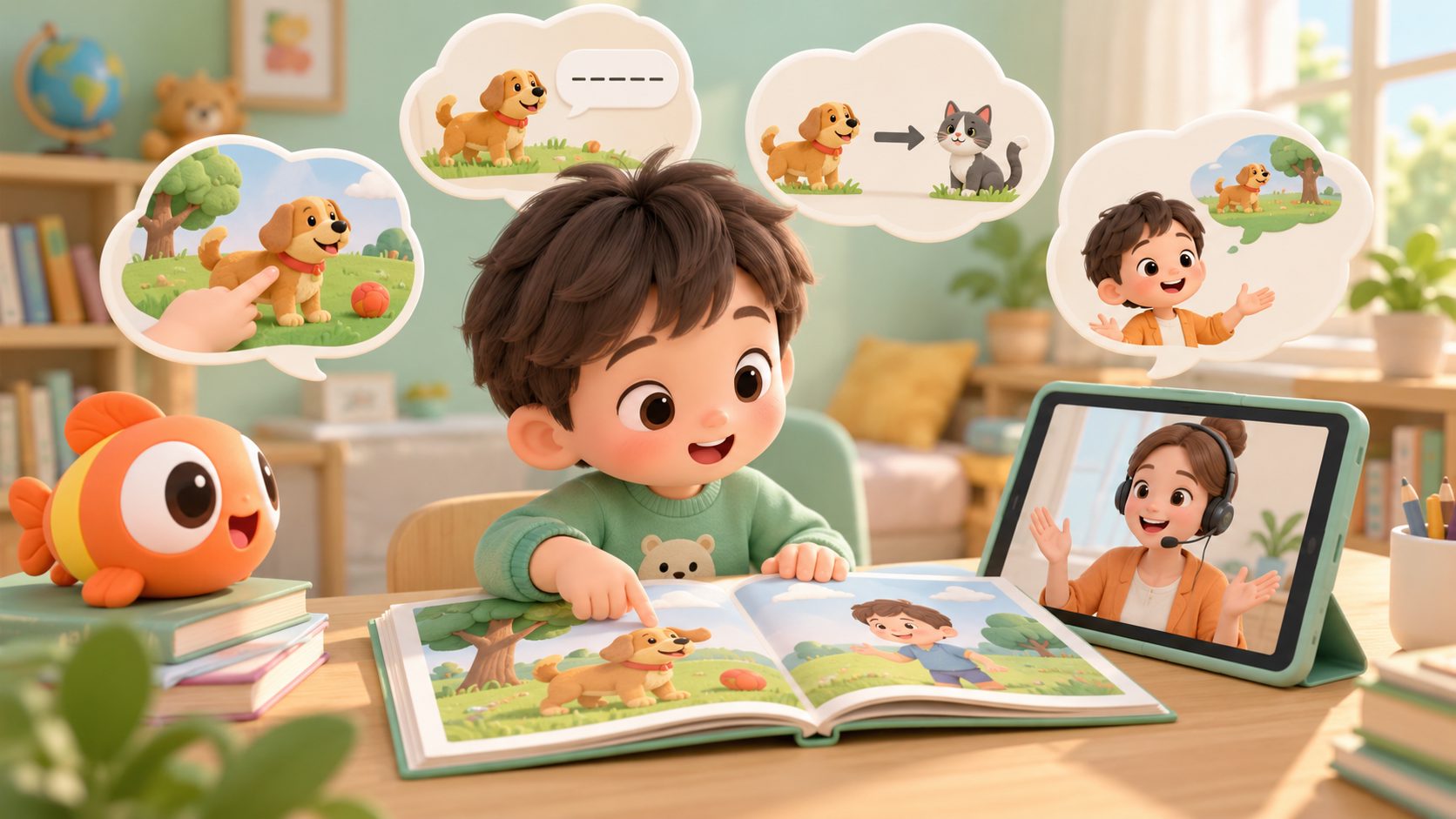 孩子利用英语绘本完成指认、补句、替换和复述