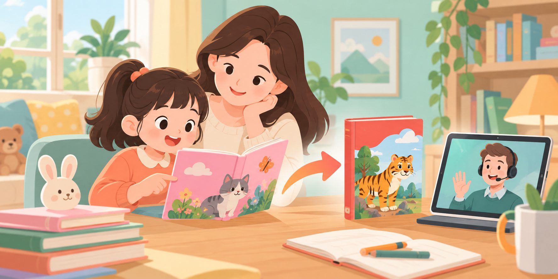 孩子从大猫粉色级过渡到红色级的家庭阅读场景