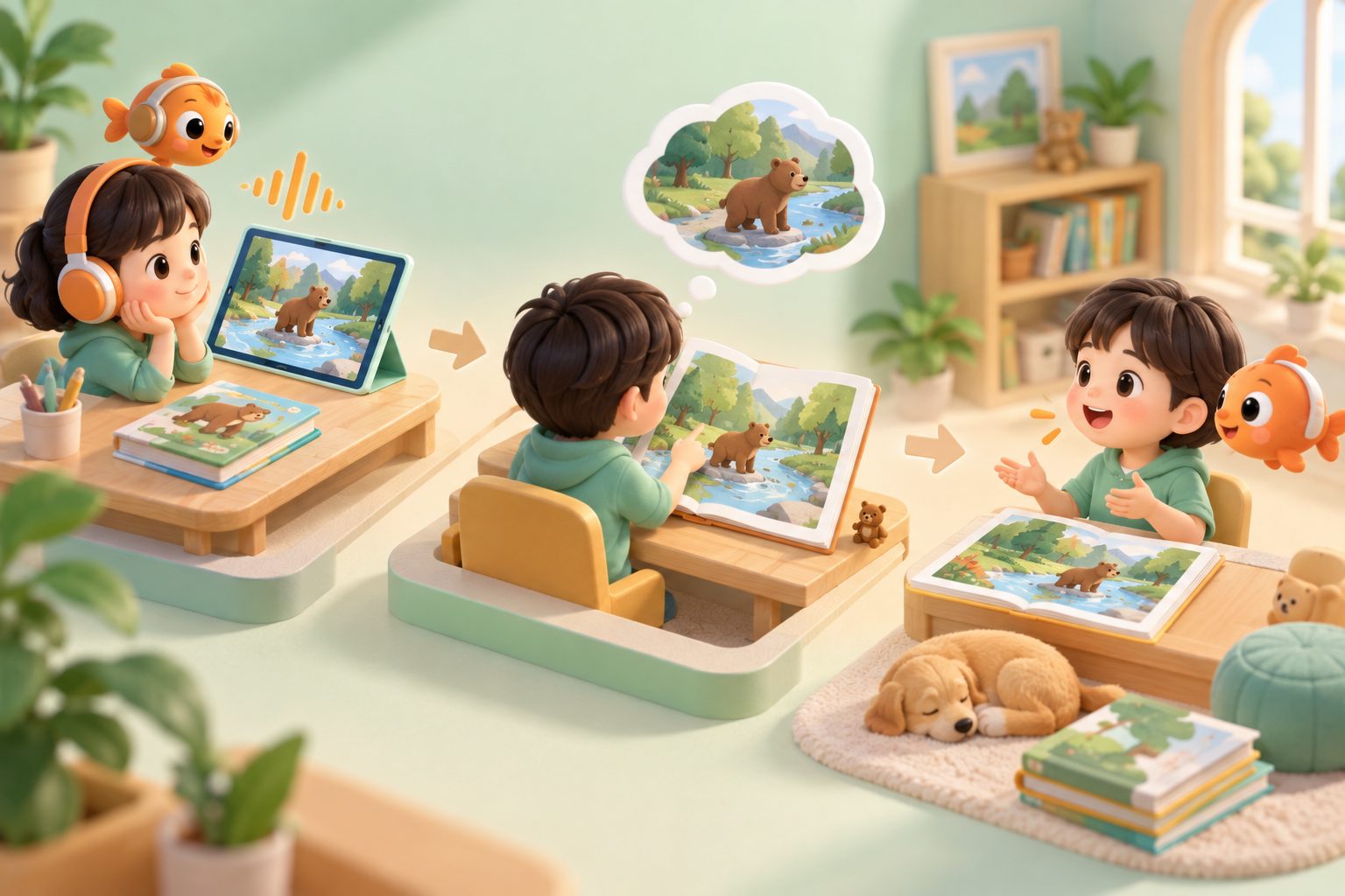 孩子根据绘本插图进行英语听力复述训练