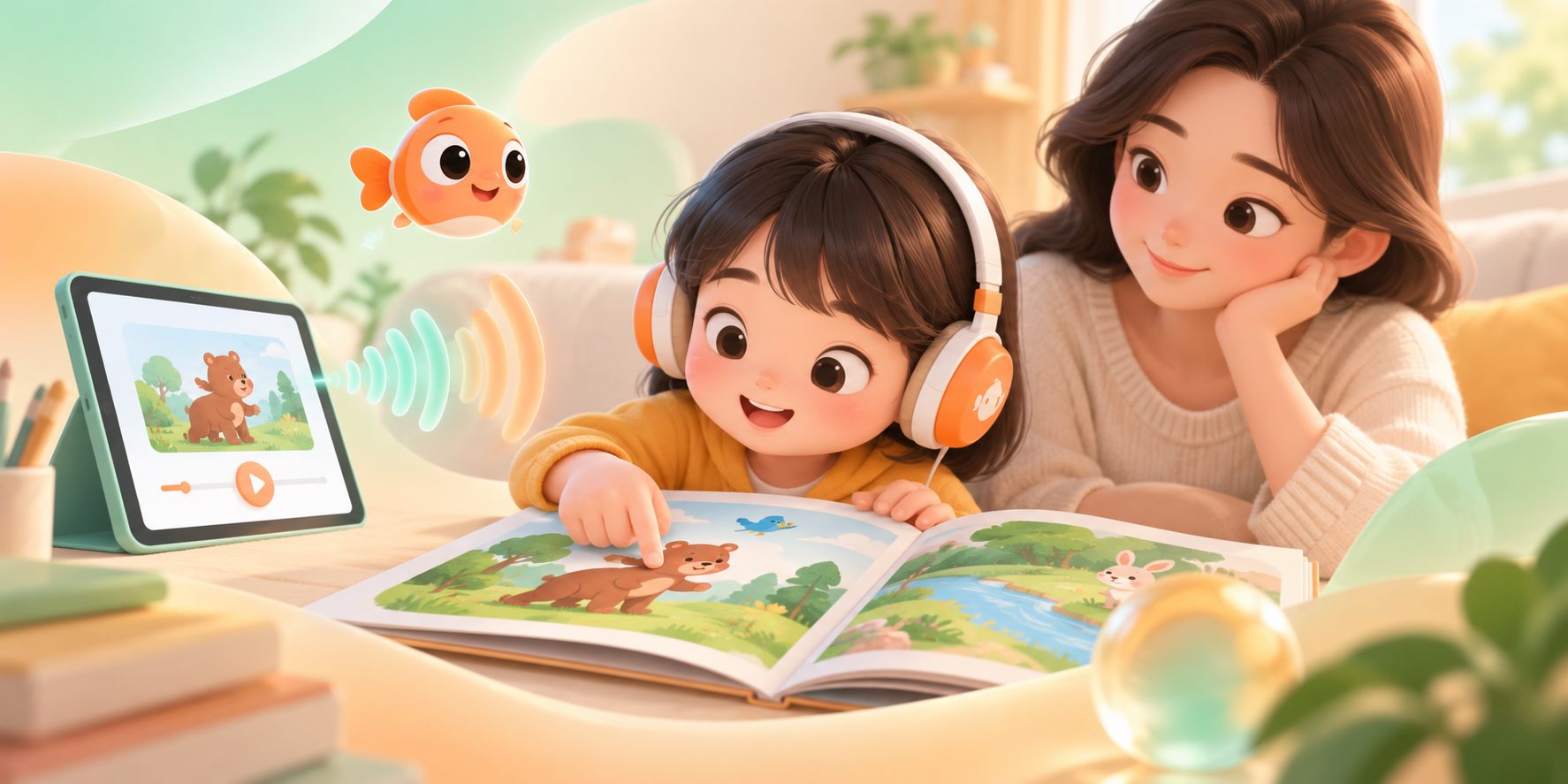 孩子边听英文绘本音频边指读页面