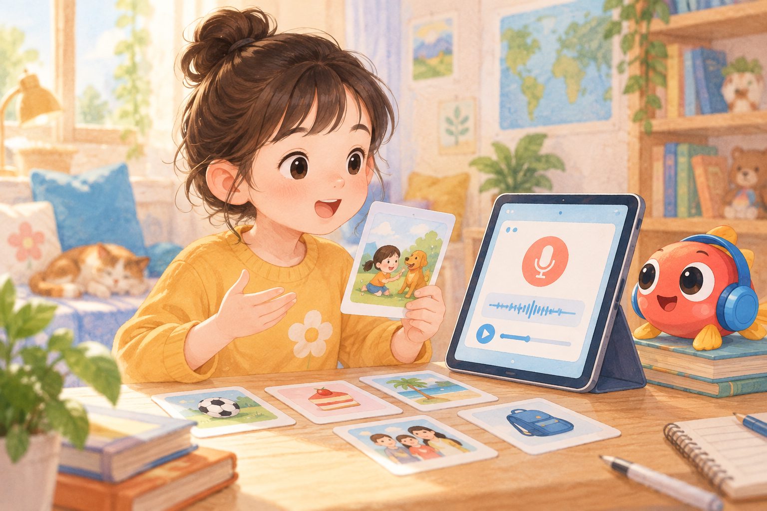 孩子使用PET口语话题卡进行录音复盘