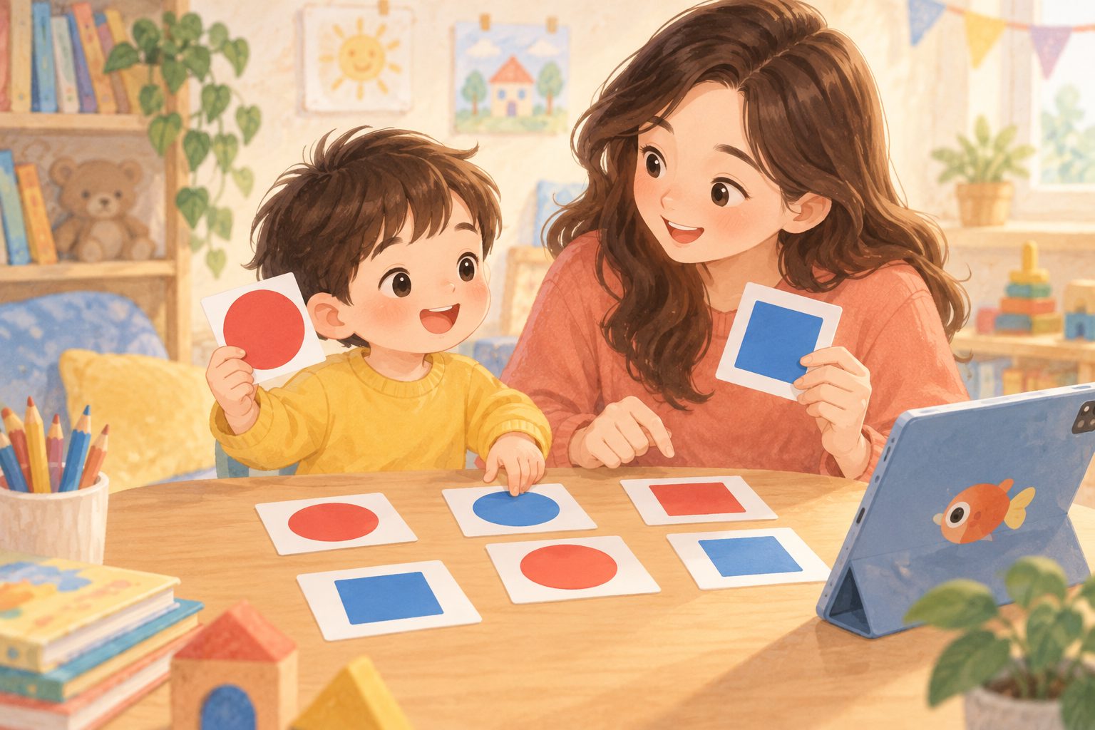 幼儿英语启蒙认知颜色形状的家庭低幼小游戏材料:红蓝圆形与正方形纸卡