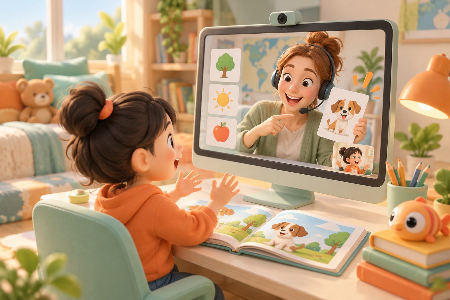 真人外教通过图片、动作和追问引导儿童英语表达
