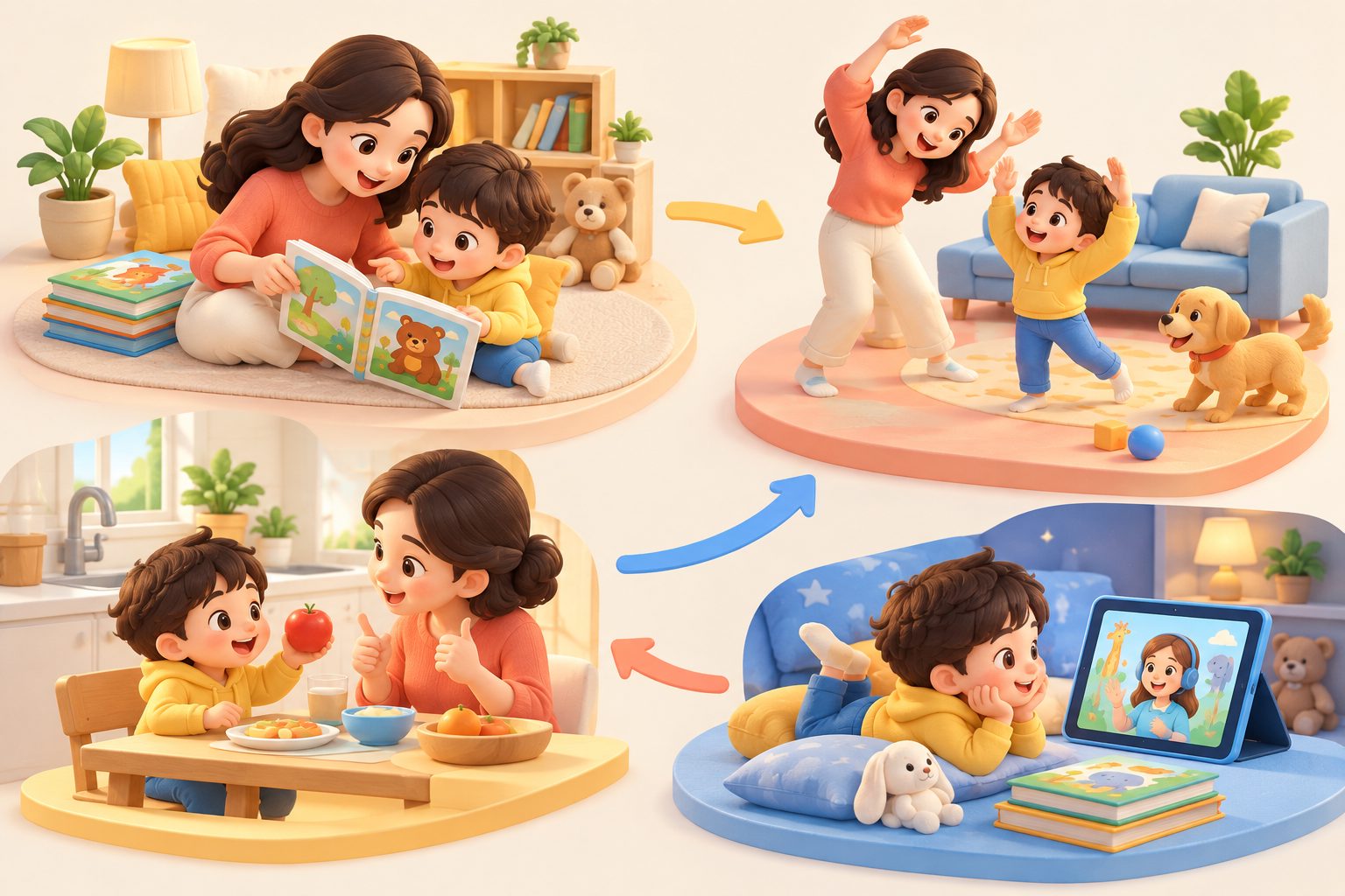亲子通过英文绘本、动作和生活短句进行互动