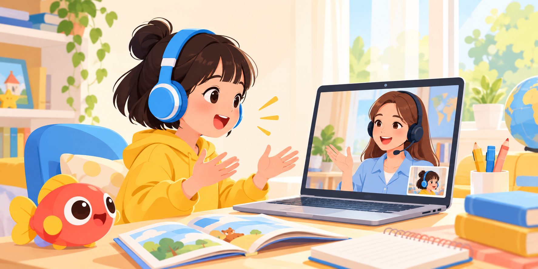 孩子进行PET口语互动训练的学习场景