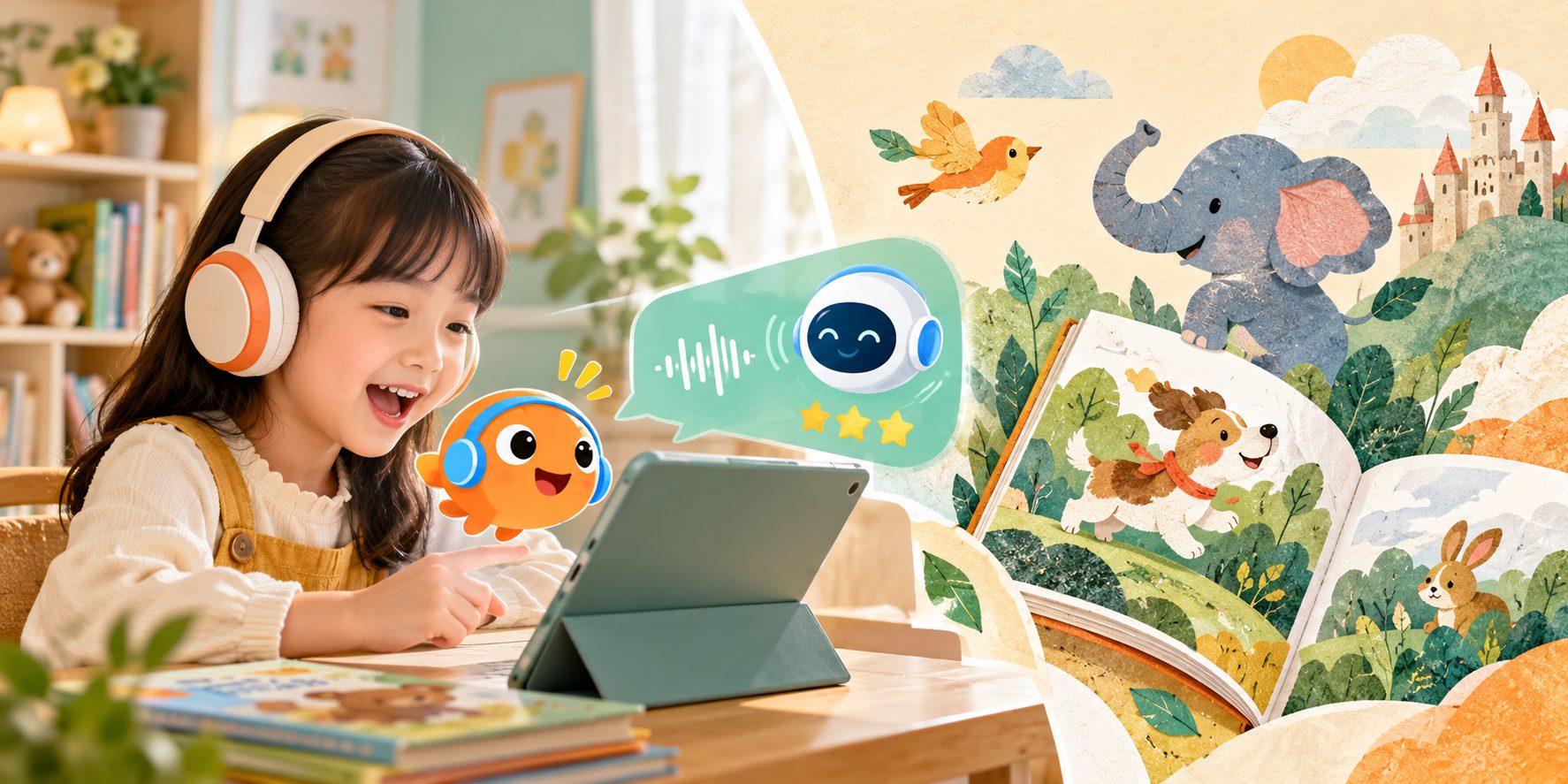 孩子使用英文绘本跟读软件进行AI语音练习