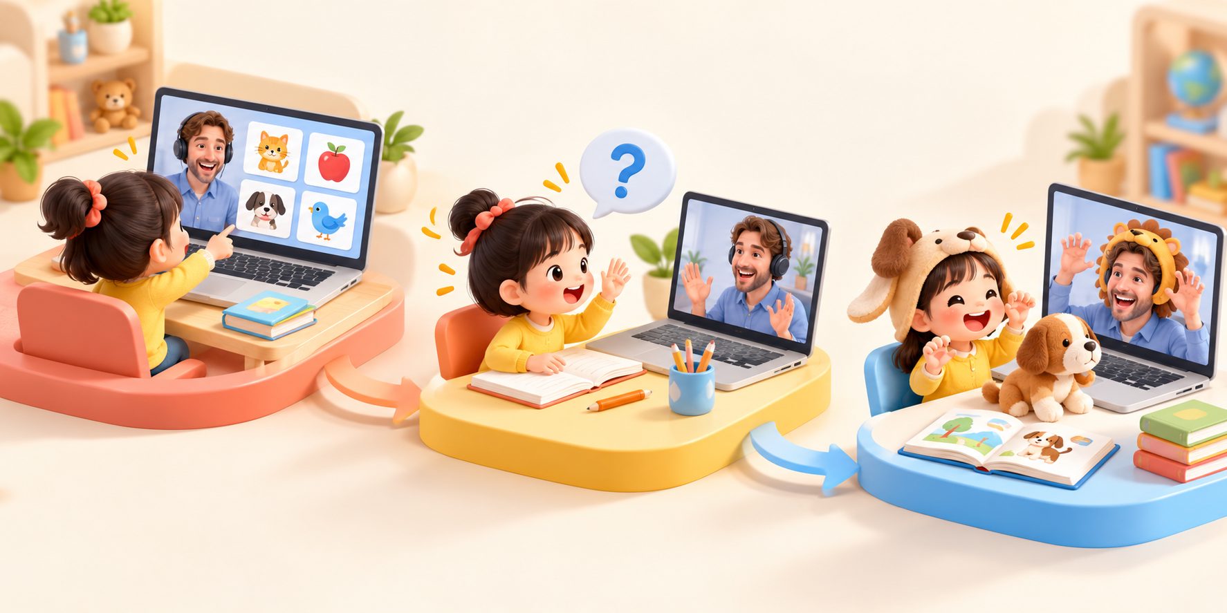 孩子通过图片、提问和角色扮演进行互动式外教课堂