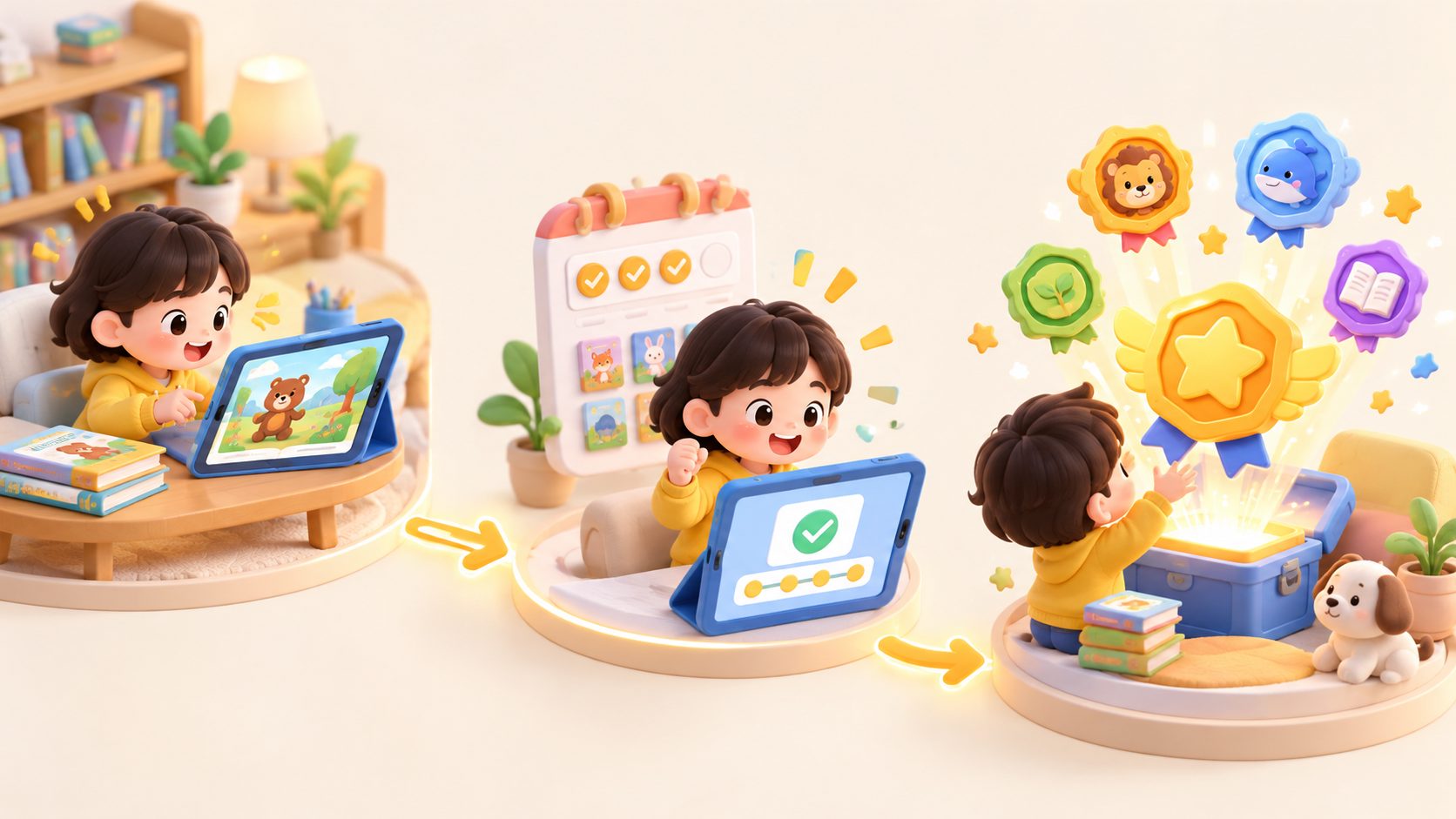 孩子使用伴鱼绘本打卡获得数字徽章奖励