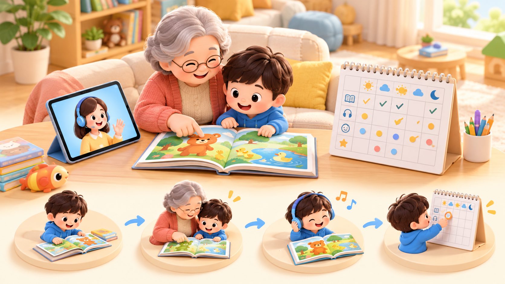 长辈陪孩子听绘本指图，旁边放着一周行为观察表