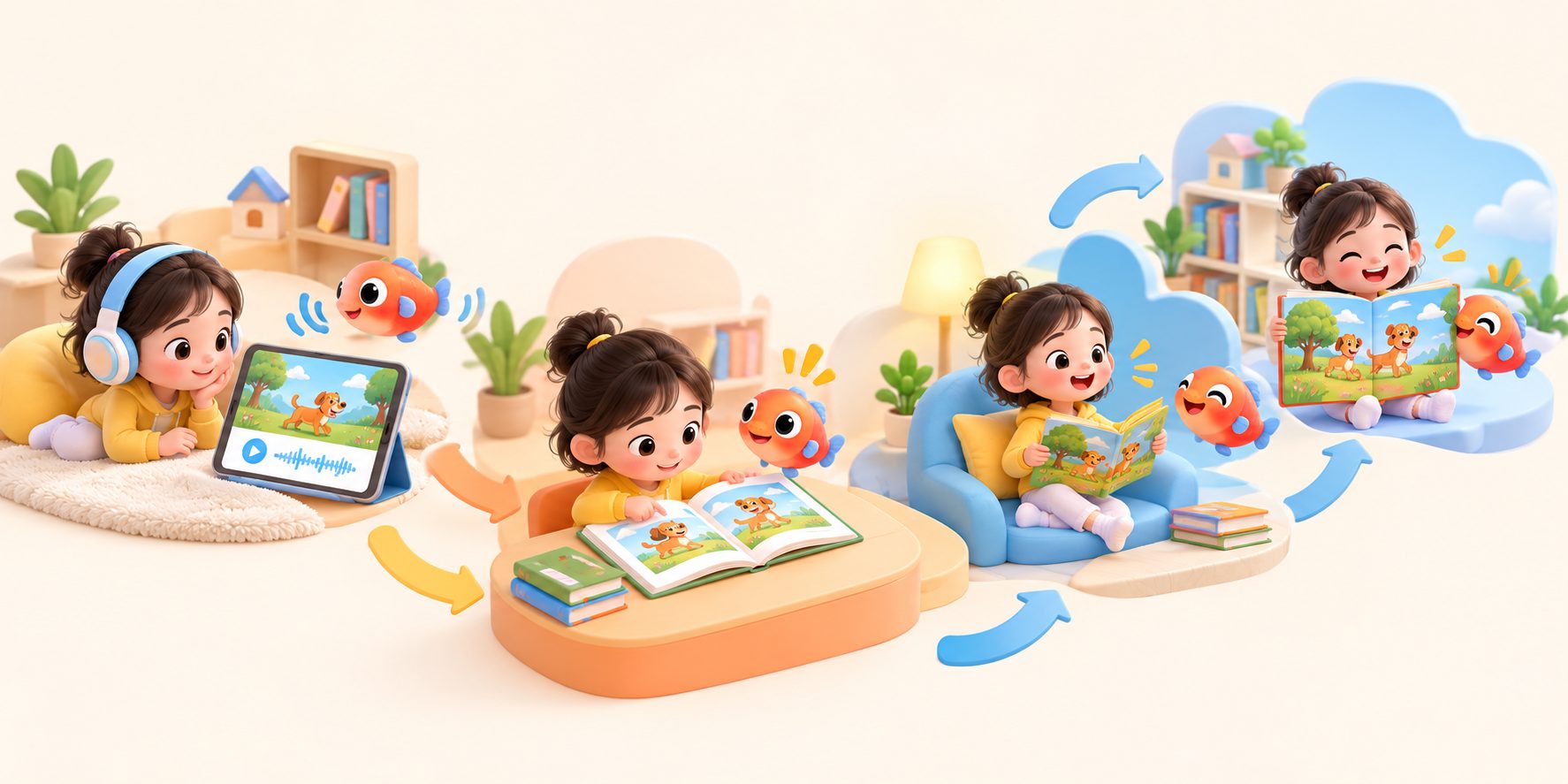 孩子使用英文分级绘本进行听读和独立朗读