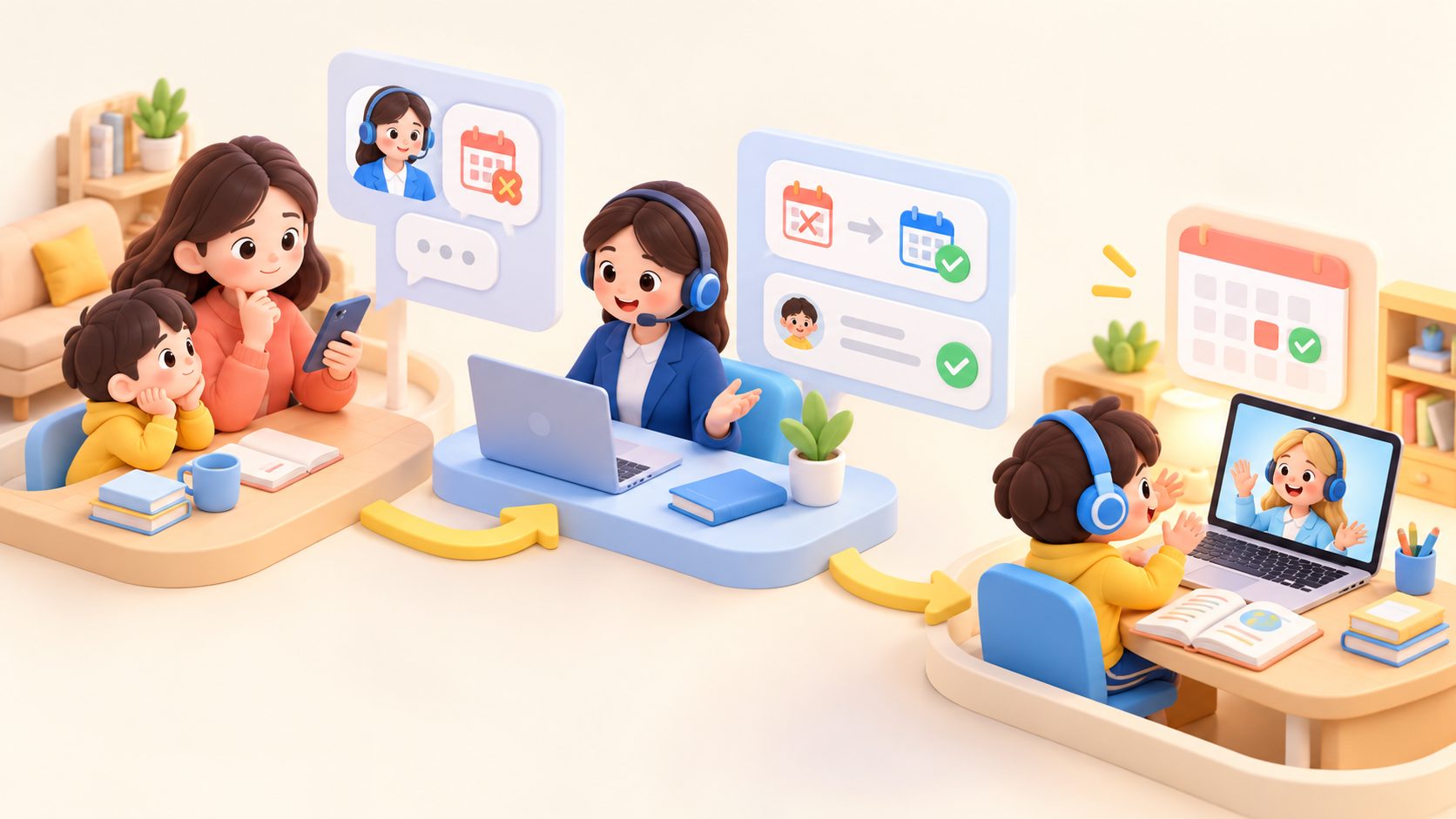 家长与课程顾问确认少儿英语请假补课安排
