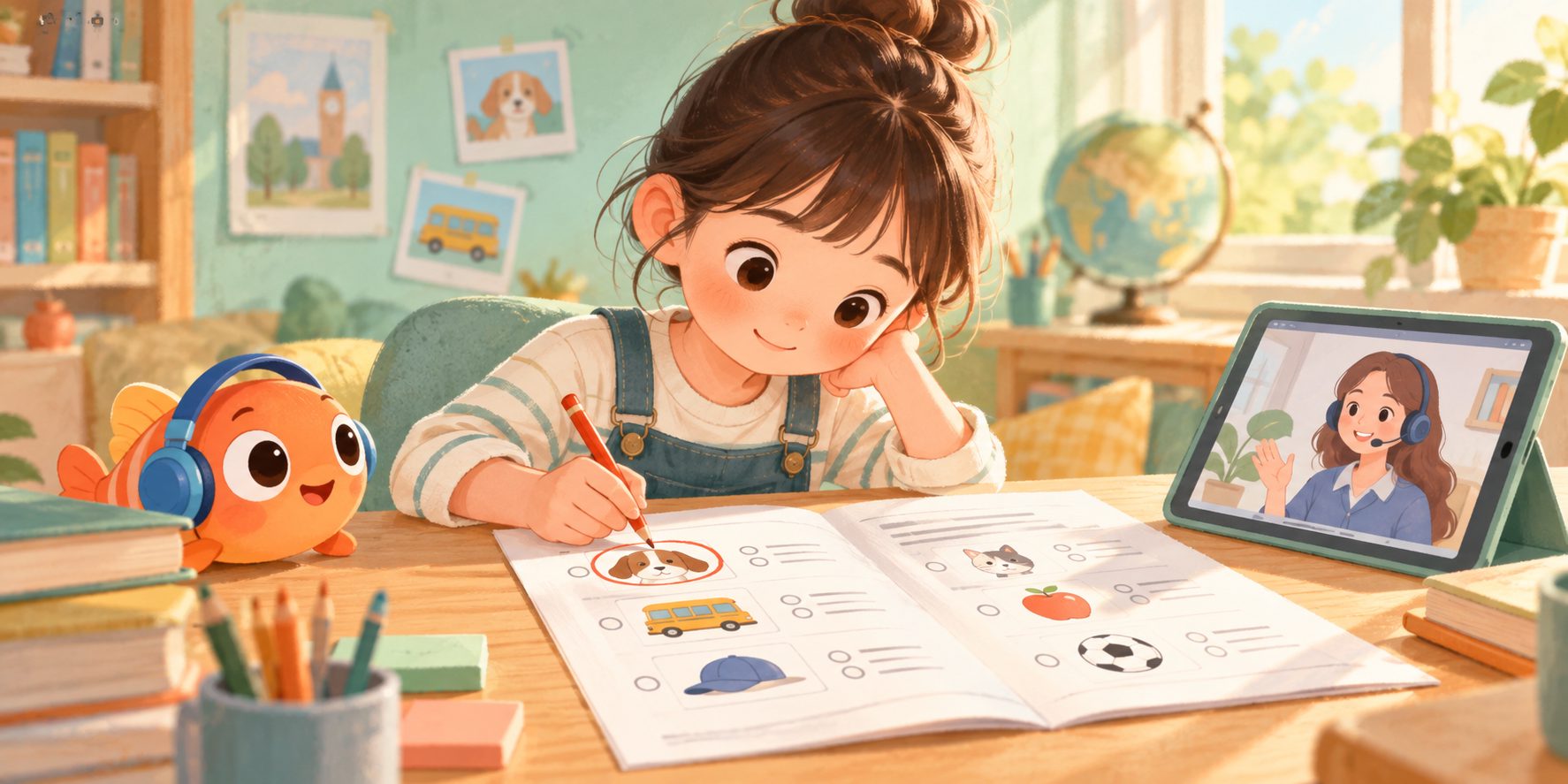 小学英语听力答题技巧示意图：孩子在考试前预读题目并圈出关键词