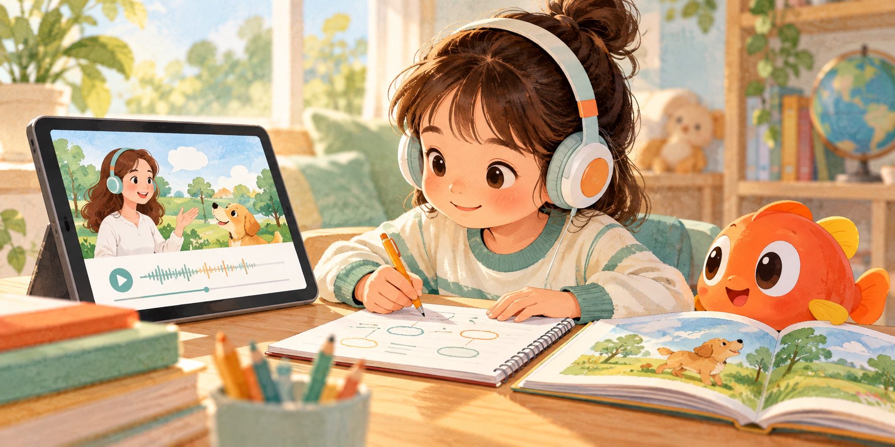 孩子进行英语精听，记录关键词并根据原文回查听漏信息