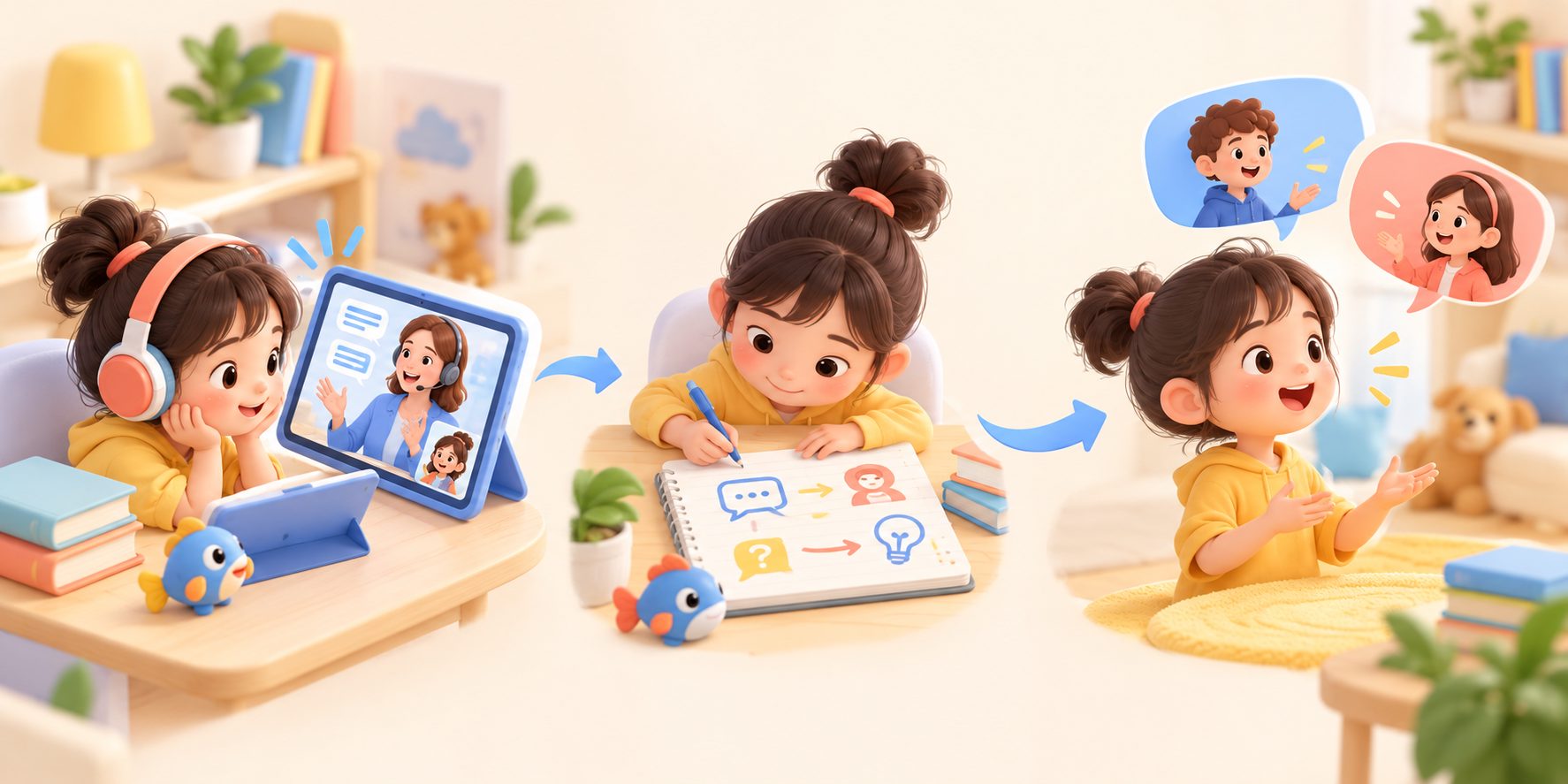 孩子根据听力笔记复述英语对话