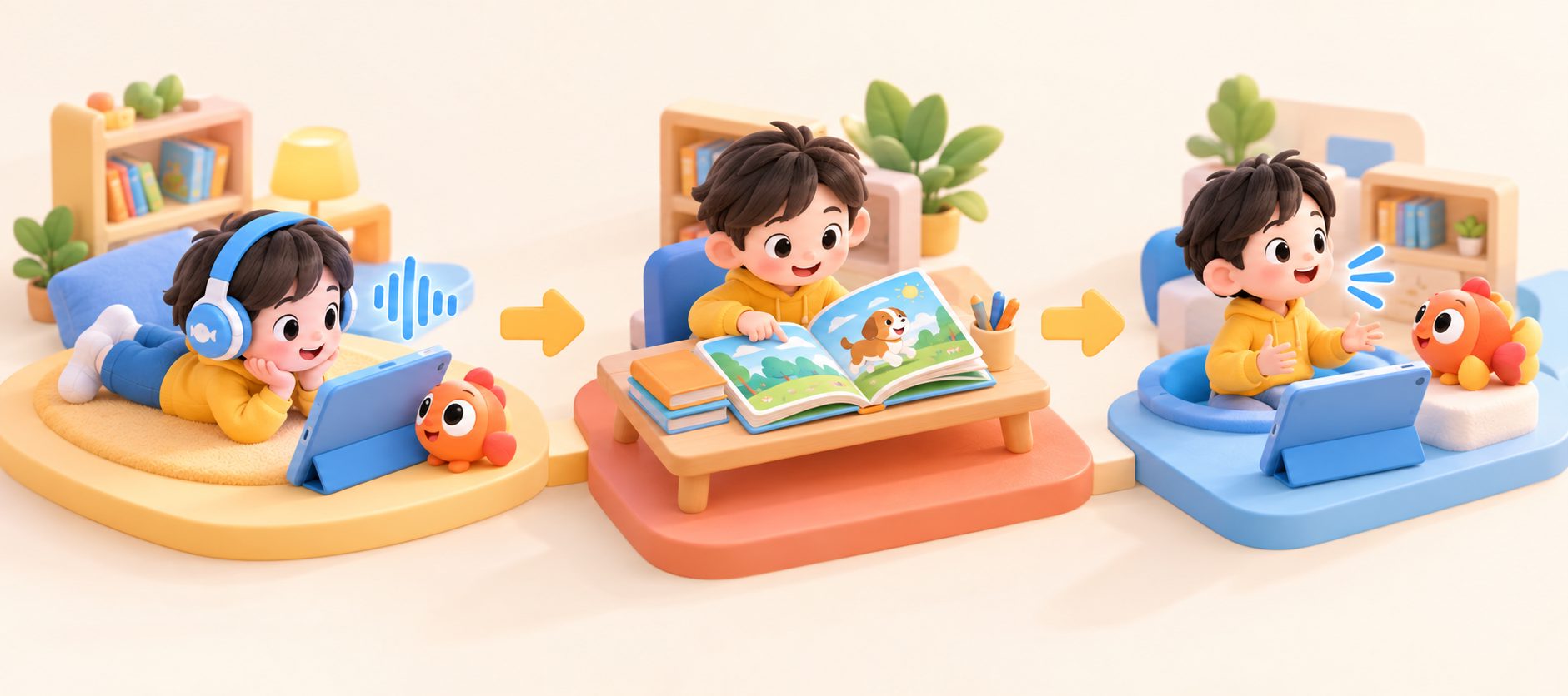 少儿英语精听步骤示意图:孩子听音频、看绘本并进行复述