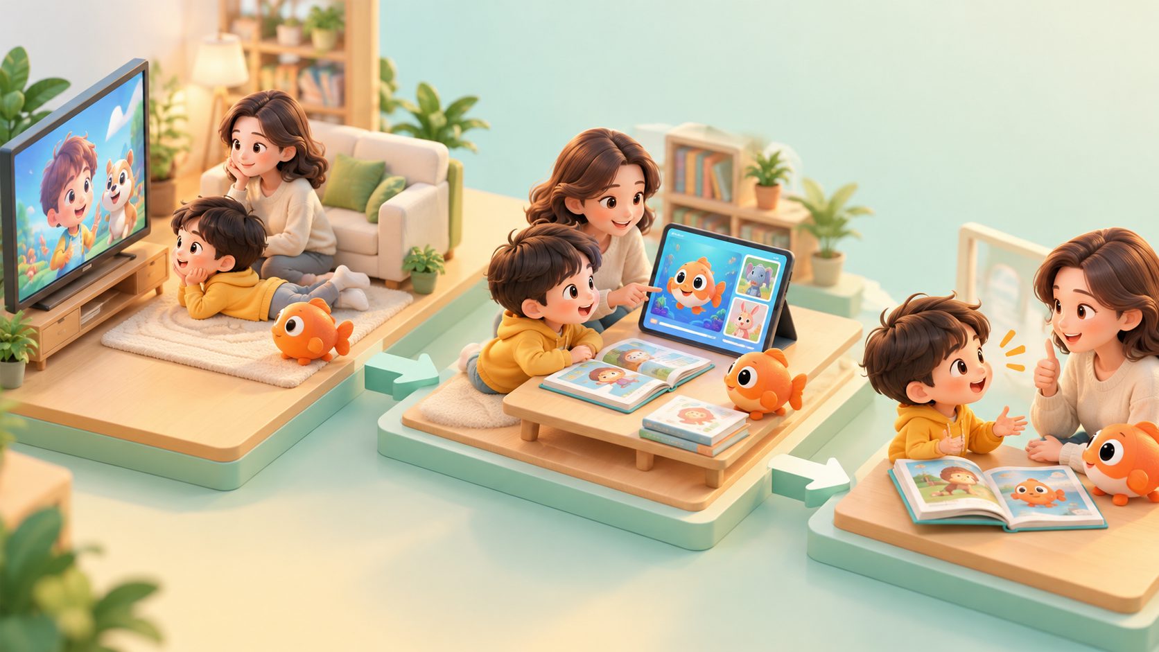 孩子看英文动画只看剧情不听英语时的亲子共看场景