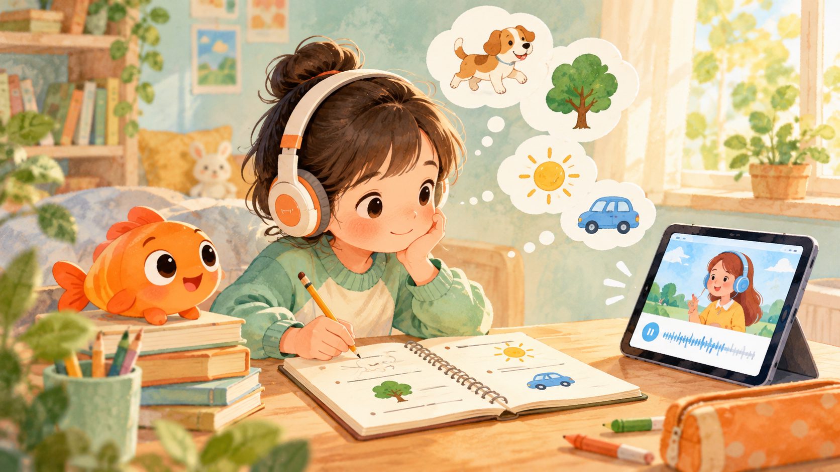 孩子根据英语音频中的关键信息完成听力记录