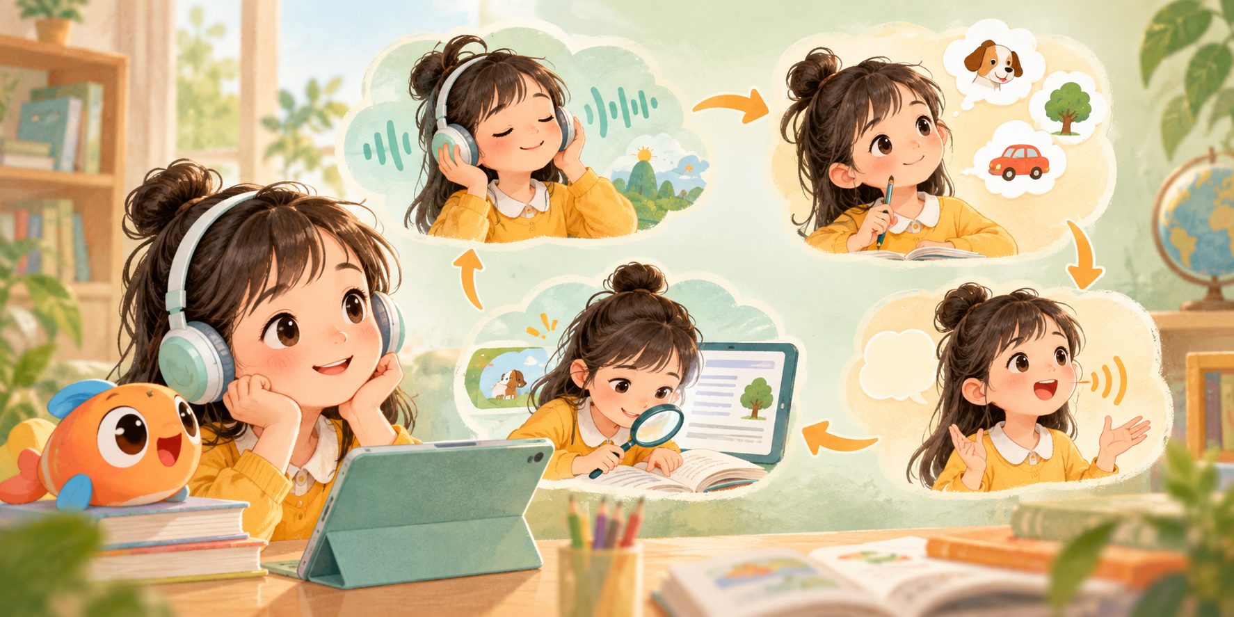 小学英语精听的听、抓、复述、回查流程图