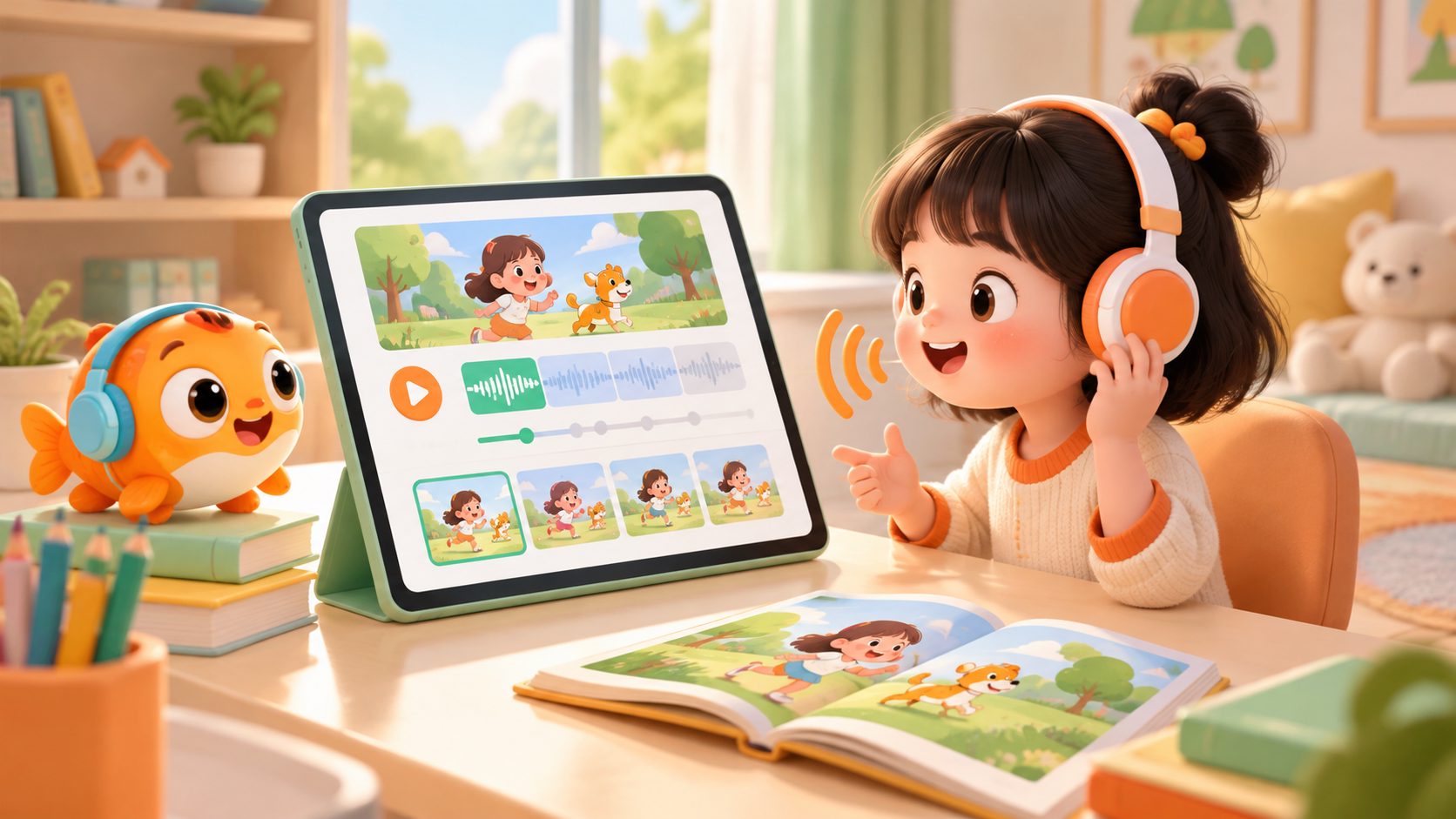 儿童英语精听跟读方法示意图：孩子分段听音频并进行影子跟读